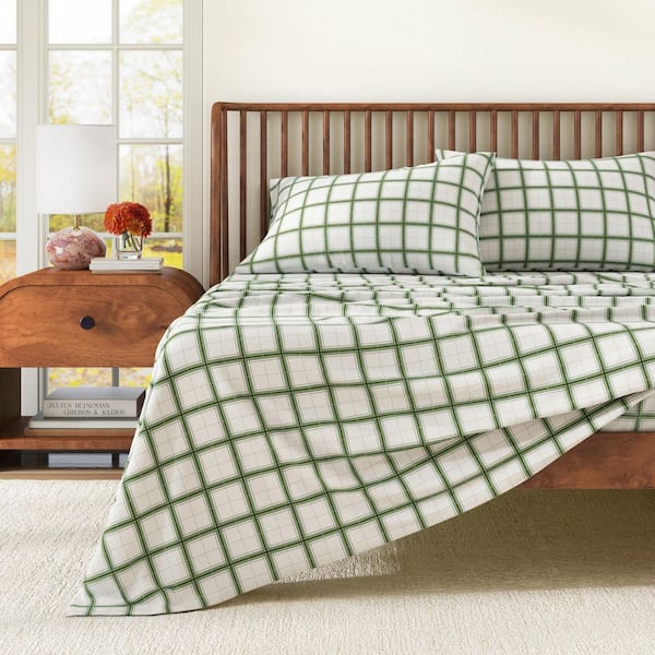 100% Turkish Cotton Plaid Flannel Sheet Sets, Twin, Block Plaid-Green/Grey