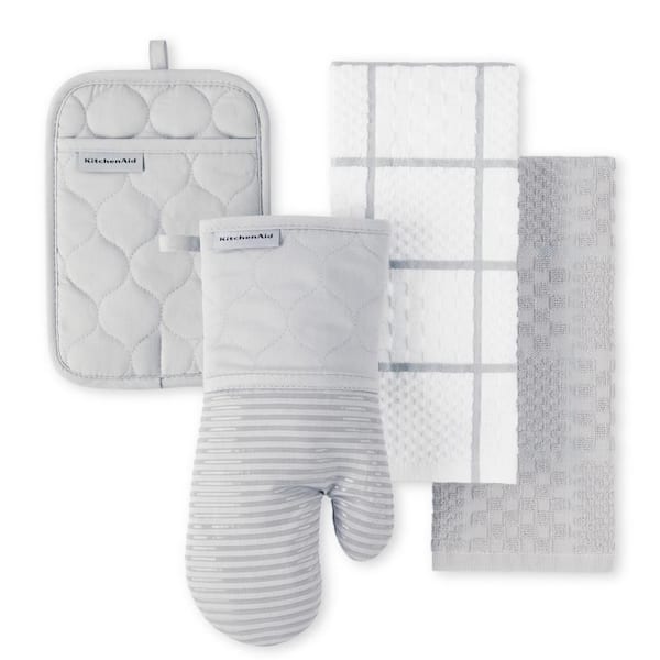 Quilted Cotton Terry Cloth Matte Grey Kitchen Towels, Oven Mitt, Potholder 4-Piece