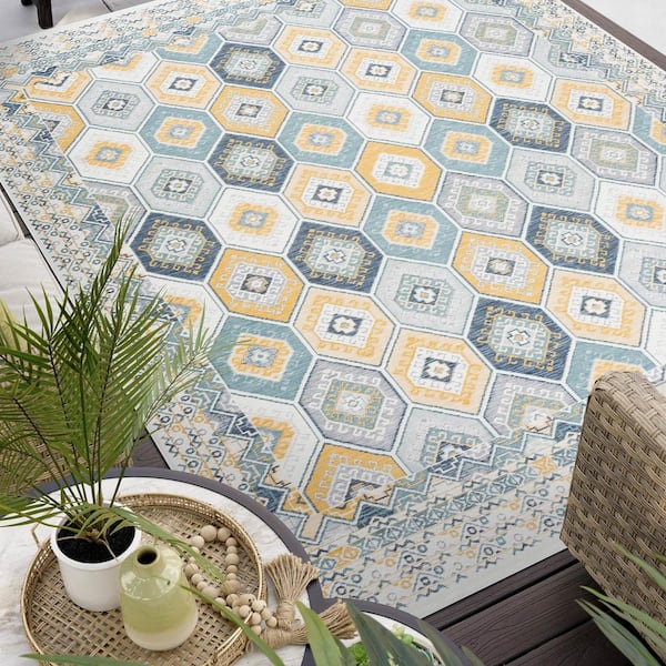Navy Flora 8 ft. X 10 ft. Geometric Indoor/Outdoor Area Rug