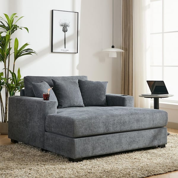 Julia 55 in Gray Chenille Upholstered Square Arm Chaise Lounge with Charging Ports, Cup Holders, Pillows