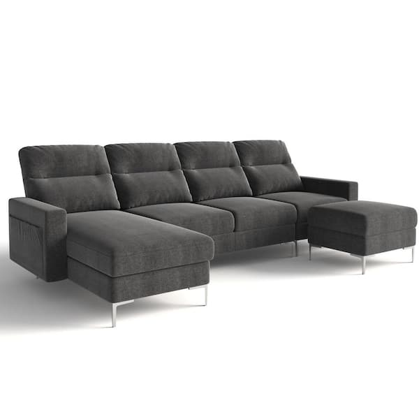 LACOO 110 in. Square Arm Modern Linen U-Shaped Sectional Sofa in. Gray with Modular Ottoman