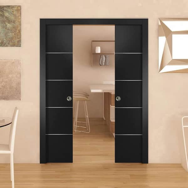 Planum 0020 64 in. x 84 in. Flush Black Finished WoodSliding door with Double Pocket Hardware