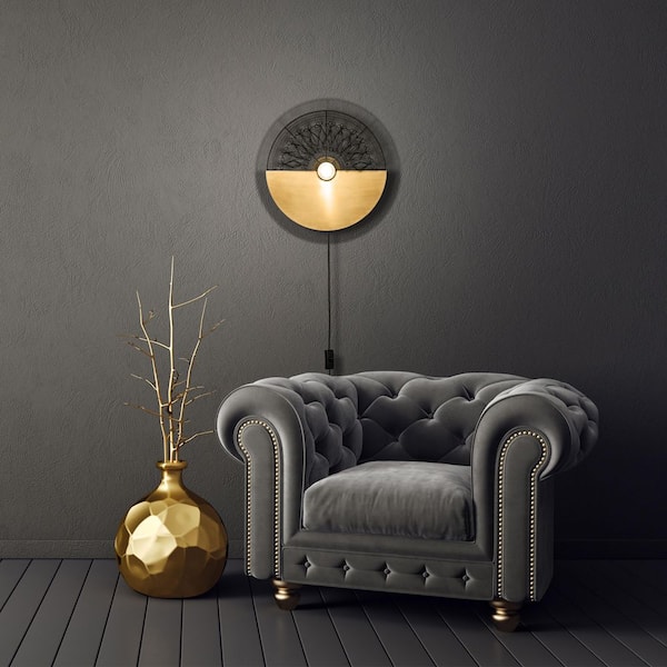 River of Goods Pearse 17.5 in. Brushed Gold Cylinder 1-Light Wall Sconce with Black/Gold Round Shade