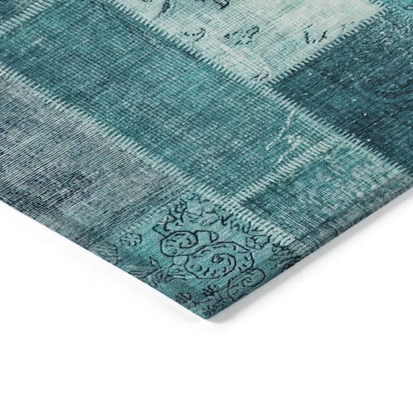 Teal Blue, Aqua, Turquoise 9 ft. x 12 ft. Woven Plaid Polyester Rectangle Indoor/Outdoor Area Rug