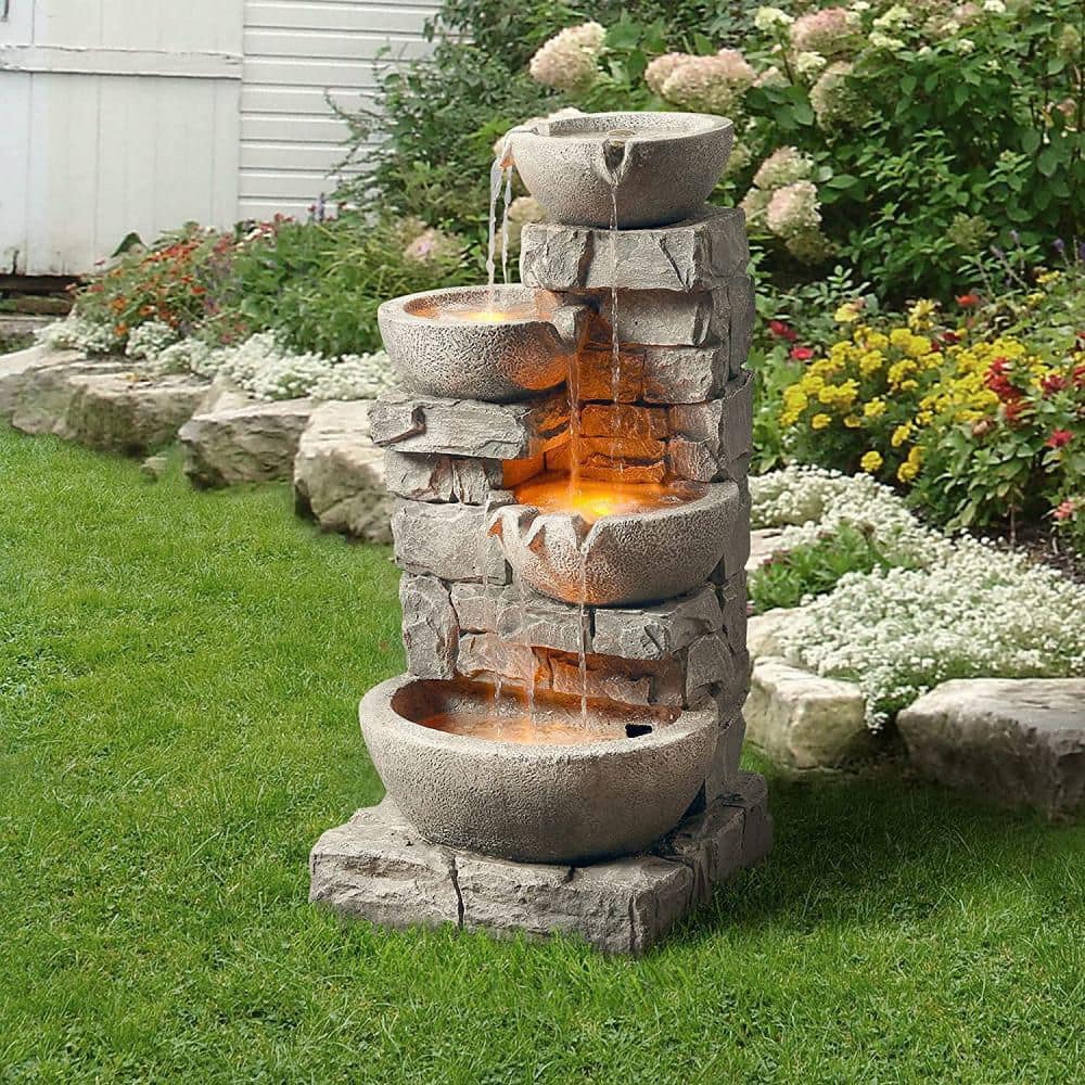 Stone Gray Cascading Bowls and Stacked Stones LED Outdoor Fountain