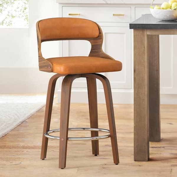 cozyman Edwards 26 in.Modern Whiskey Brown Faux Leather Swivel Bar Stool with Solid Walnut Wood Frame Bentwood Counter Stool