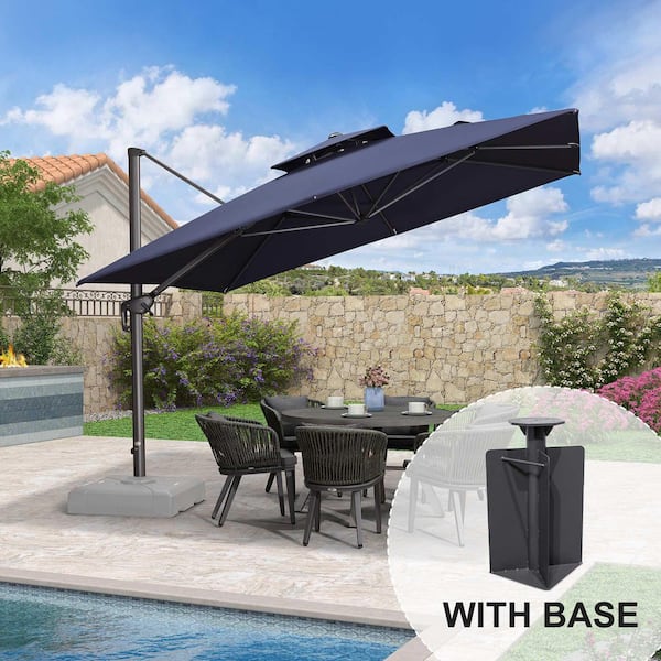 PURPLE LEAF 11 ft. Square 2-Tier Aluminum Cantilever 360 Rotation Patio Umbrella with Base in Ground, Navy Blue PPL04DHS11-NBB7 PURPLE LEAF 11 ft. Square 2-Tier Aluminum Cantilever 360 Rotation Patio Umbrella with Base in Ground, Navy Blue PPL04DHS11-NBB7