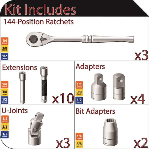 1/4 in., 3/8 in. and 1/2 in. 144-Position Ratchet and Accessory Set in EVA (22-Piece)