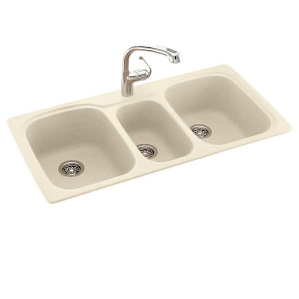 Swan Drop-In/Undermount Solid Surface 44 in. 1-Hole 40/20/40 Triple Bowl Kitchen Sink in Bone