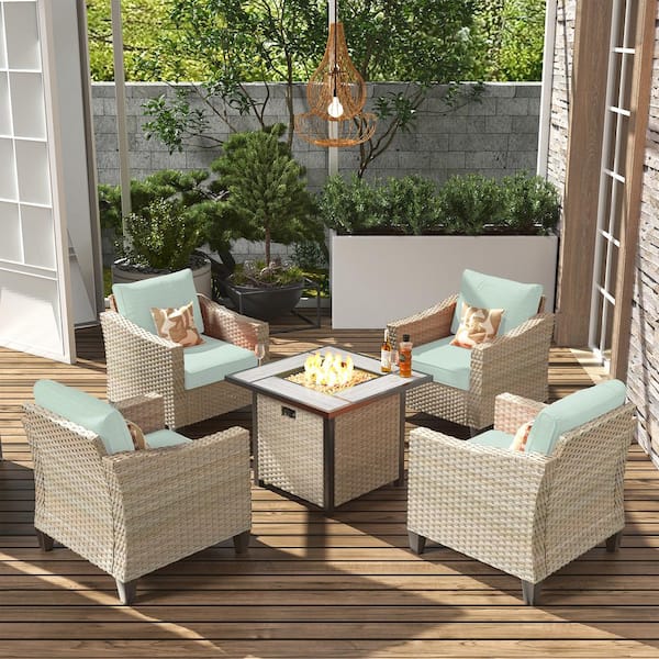 HOOOWOOO Oconee Beige 5-Piece Modern Outdoor Patio Conversation Sofa Seating Set with a Fire Pit and Mint Green Cushions