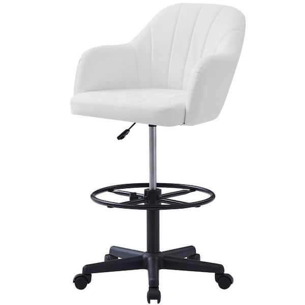 Premium PU Swivel Drafting Chair with Adjustable Height and Lumbar Support for Home Office  Stool, White