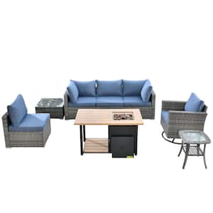 Hippish Gray 8-Piece Wicker Outdoor Patio Fire Pit Conversation Set with Denim Blue Cushions and Swivel Rocking Chairs