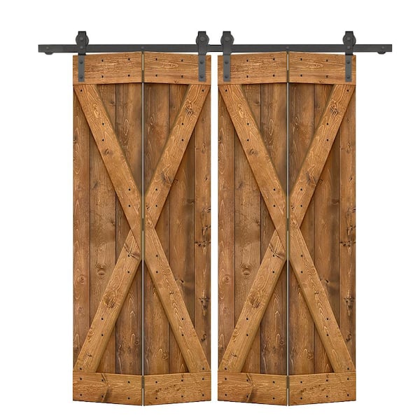 CALHOME 48 in. x 84 in. X Pre Assembled Walnut Wood Double Solid Core Bi-fold Barn Doors with Sliding Hardware Kit