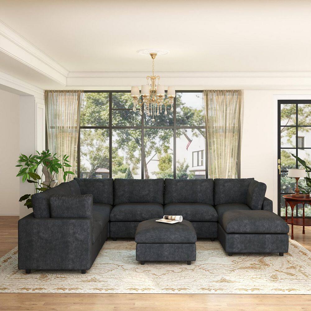 134 in. Wide Square Arm 8-Piece Chenille Modular Free Combination Sofa with Removable Slipcovers and Ottoman in Black price history on PriceWatchPro