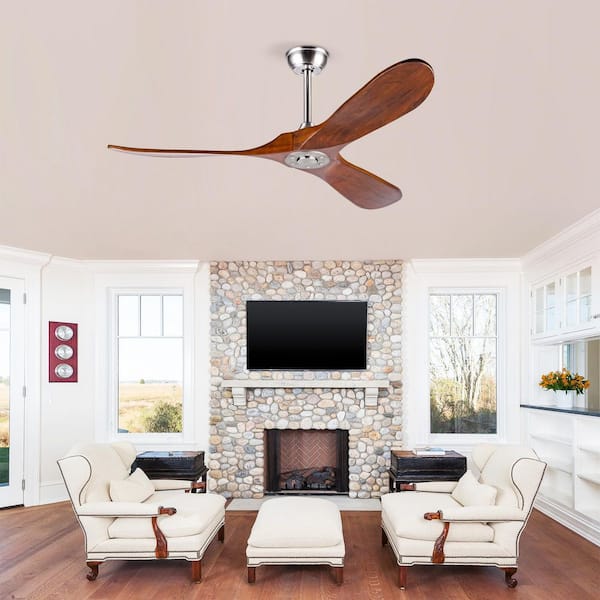 52 in. Modern Nickel Solid Wood Brown Blades 2-Size Downrod Mount Standard Ceiling Fan with Remote and Noiseless Run