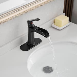 Single Handle Single Hole Bathroom Faucet with Deck Plate Included, Pop Up Drain and Water Supply Hoses in Matte Black