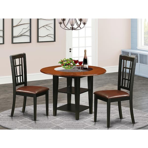 East West Furniture 3-Piece Black and Cherry Finish Round Solid Wood Top Dining Table Set
