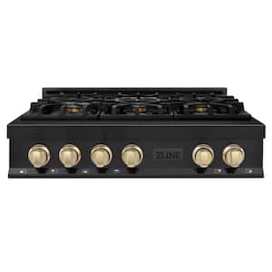 Autograph Edition 36 in. 6 Burner Front Control Gas Cooktop with Polished Gold Knobs in Black Stainless Steel
