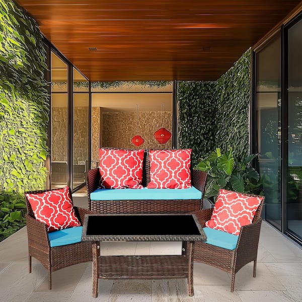 4-Piece Iron Rattan Outdoor Conversation Set Sofa Set With Green Cushion