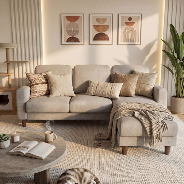 L-Shaped Sofa 72 in. Square Arm 1-Piece Linen Sectional Sofa with a Movable Chair as a Footstool, Light Gray