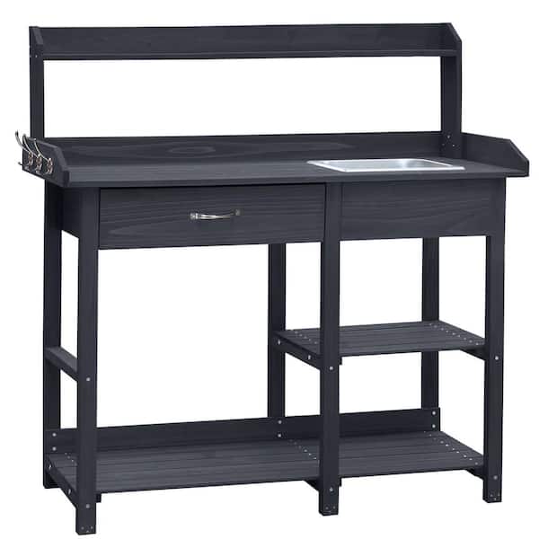 Dark Grey Wooden Garden Potting Bench Table with Removable Stainless Sink and Drawer (47.9 in. H x46 in. W x 15.3 in. D)