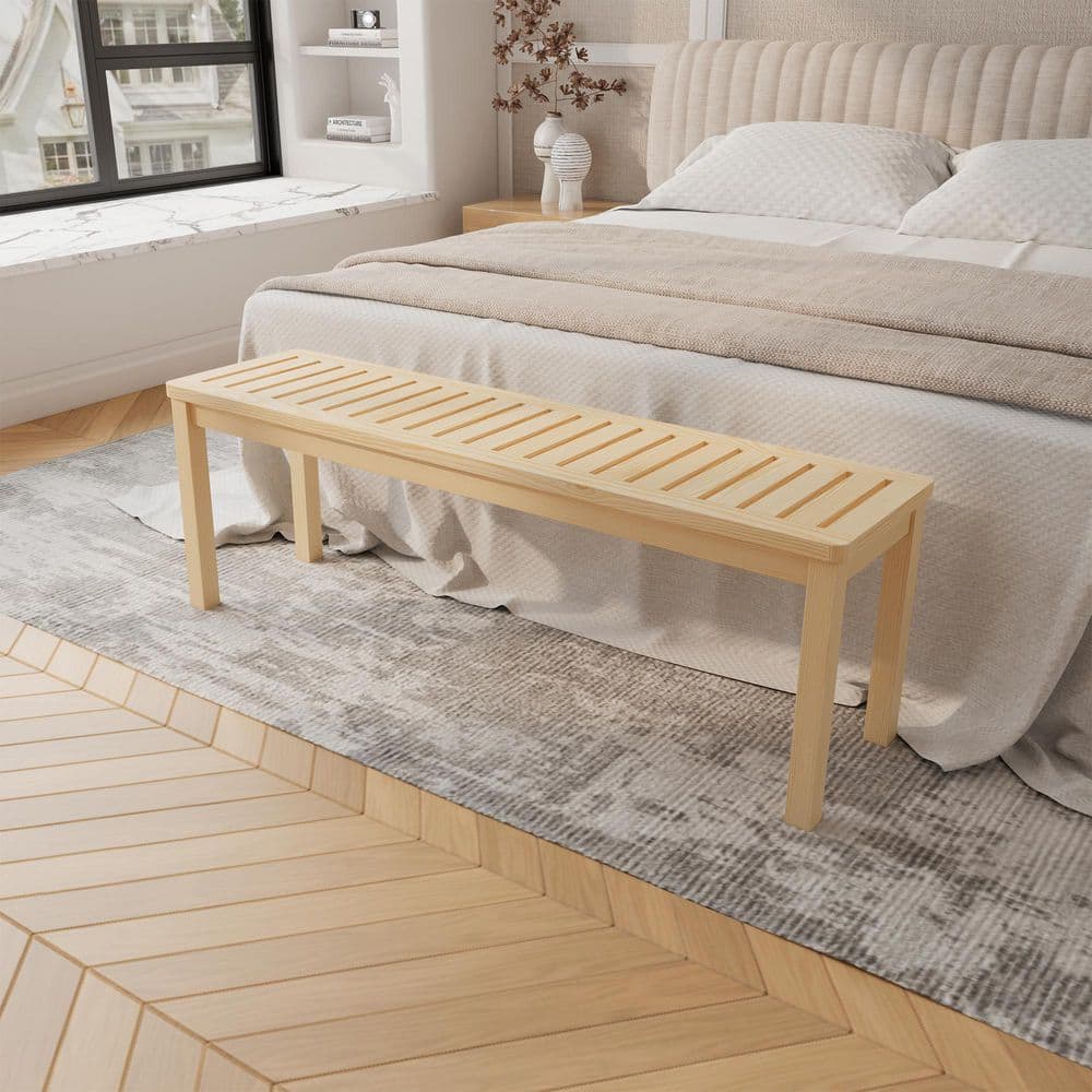 52 in. x 13.5 in. x 17.5 in. Amber Wood Slatted Bench, Durable Natural Hard