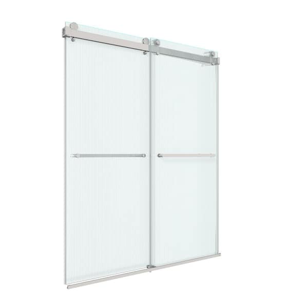 60 in. W x 76 in. H Double Sliding Frameless Shower Door in Brushed Nickel Finish with Clear Tempered Ribbed Glass