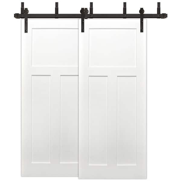 Pacific Entries 72 in. x 80 in. Bypass Unfinished 3-Panel Solid Core Primed Pine Wood Sliding Barn Door with Bronze Hardware Kit