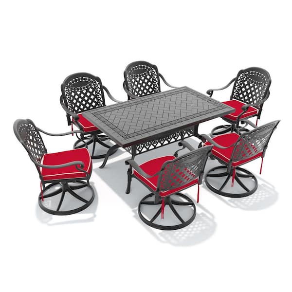 7-Piece Black Cast Aluminum Patio Outdoor Dining Set with Rectangular Table and 6 Swivel Chairs with Red Cushions