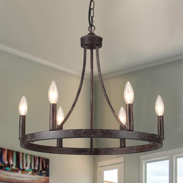 LWYTJO Romyn 6-Light Antique Black Farmhouse Candle Style Wagon Wheel Chandelier for Living Room Kitchen Dining Room Foyer