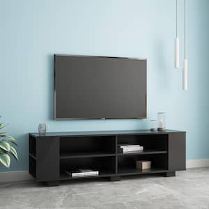 59 in. Black TV Stand Fits TV's up to 65 in. with 8 Open Shelves, Universal TV Storage Cabinet