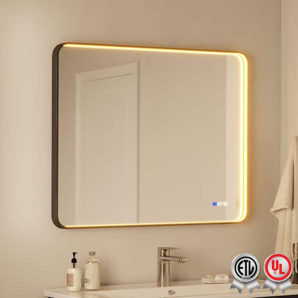 waterpar Frame Light 40 in. W x 32 in. H Rectangular Aluminum Framed Anti-Fog LED Wall Bathroom Vanity Mirror in Black