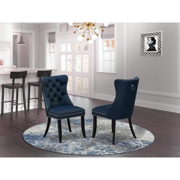 East West Furniture Wire brushed Black, Parson Kitchen Chairs-Navy Blue Faux Leather Padded Dining Chairs (Set of 2)