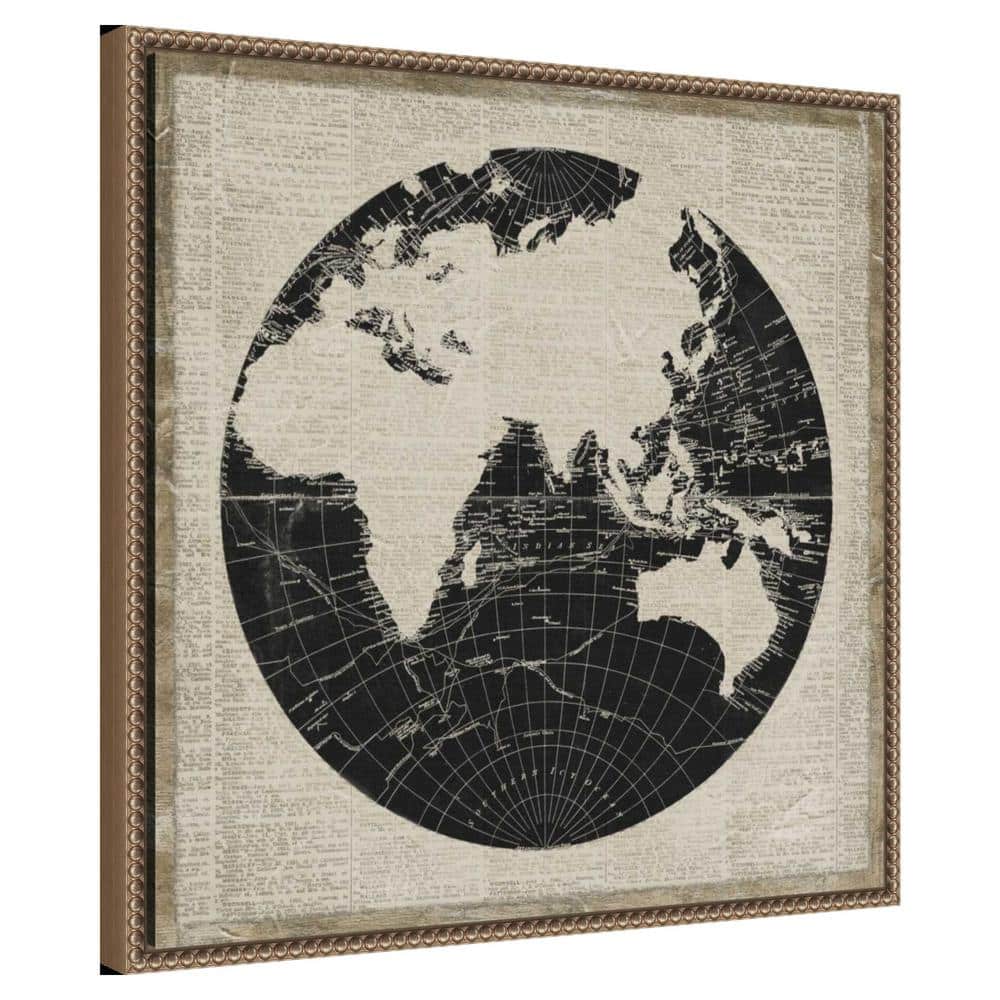 World News Map II Navy Canvas Print with Bronze Frame