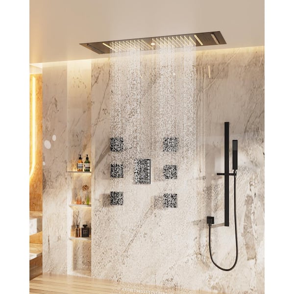 6-Spray Ceiling Mount Handheld Shower Head LED and Music Shower Systems 2.5 GPM in Matte Black