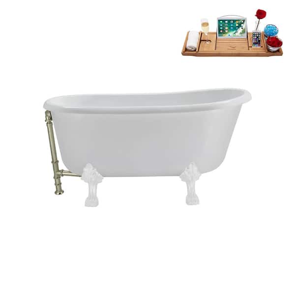 Streamline 57 in. Acrylic Clawfoot Non-Whirlpool Bathtub in Glossy White with Brushed Nickel Drain and Glossy White Clawfeet