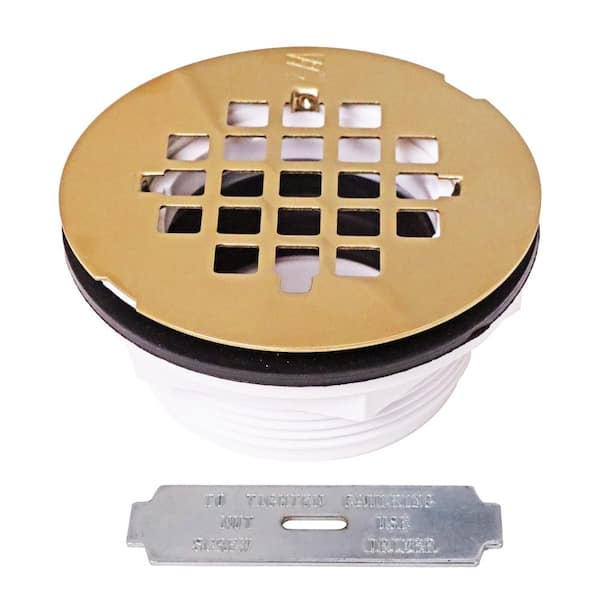 Westbrass 2 in. No-Caulk PVC Compression Shower Drain with 4-1/4 in. Round Grid Cover, Polished Brass