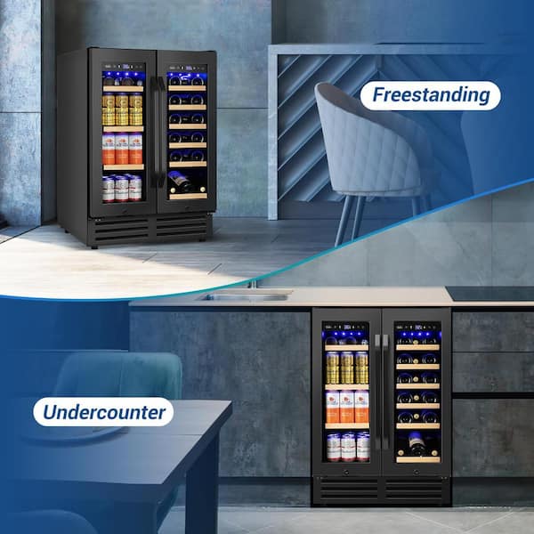 24 in. Dual Zone 18-Wine Bottles and 88-Can Built-In and Freestanding with French Door Beverage and Wine Cooler in Black