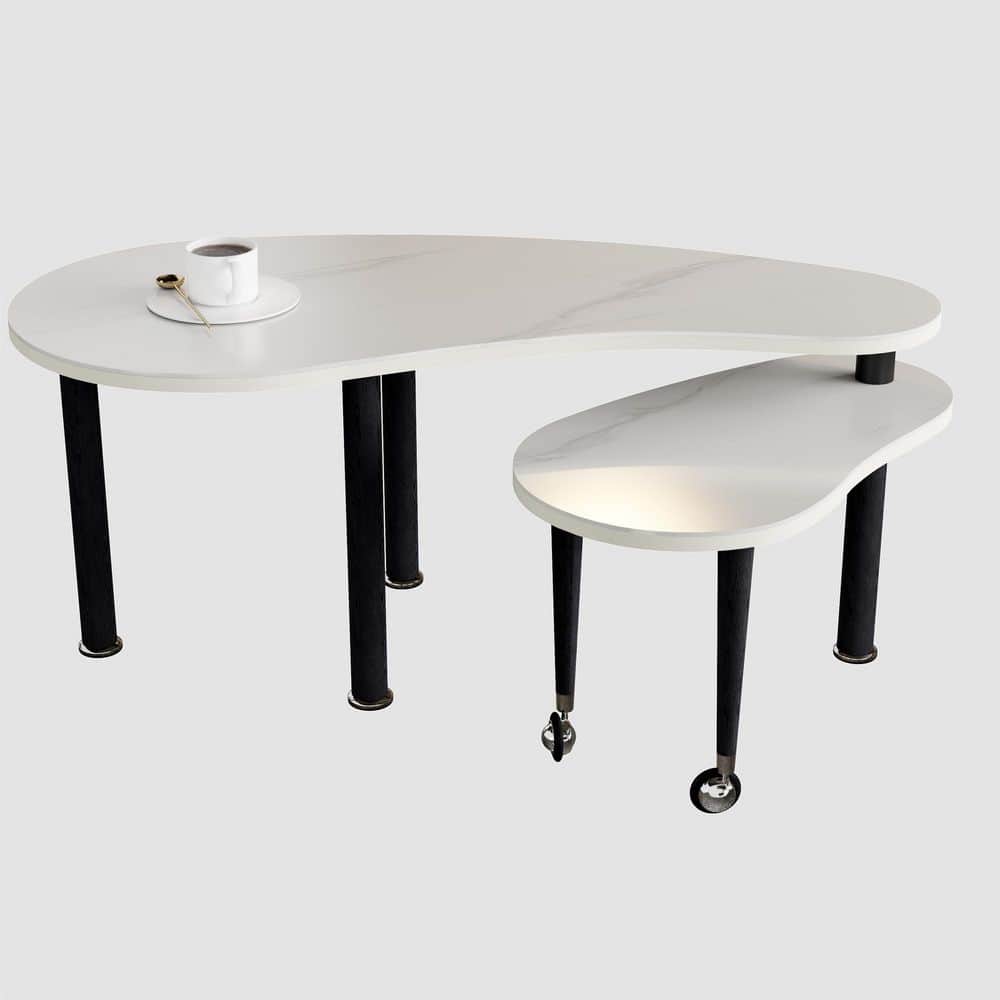 47.2 in. Modern 360° Rotatable Oval Sintered Stone Tabletop Coffee Table with Movable Small Table on Wheels, White