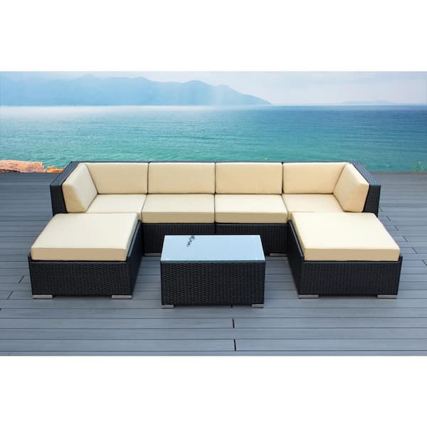 Ohana Depot Ohana Black 7-Piece Wicker Patio Seating Set with Sunbrella Aruba Cushions