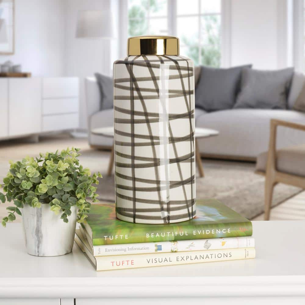 Black and White Scribble Ceramic Jar with Gold Lid