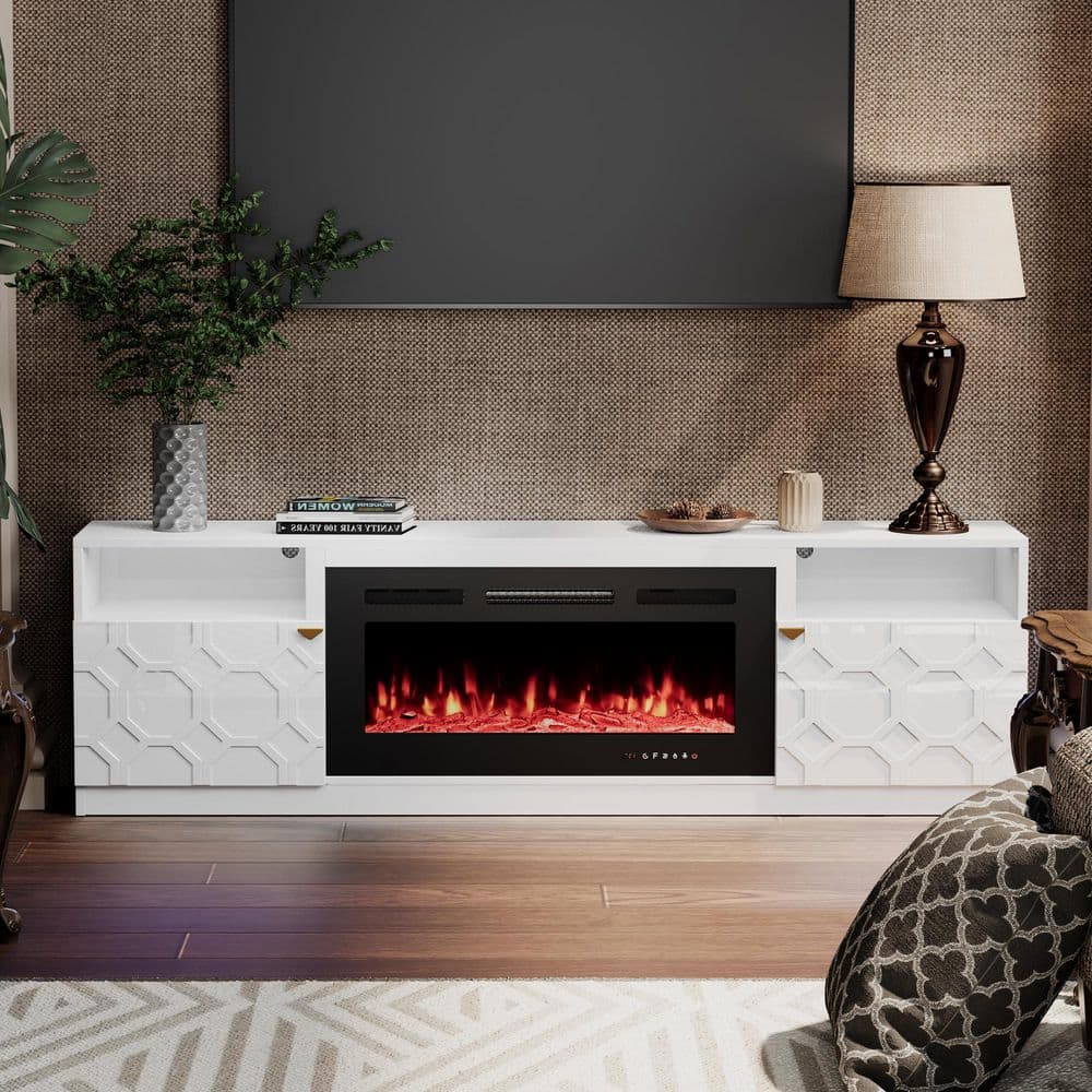 70 in. W White Freestanding Storage Electric Fireplace TV Stand with Black 