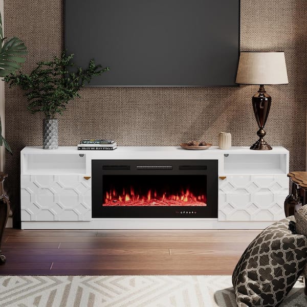 70 in. W White Freestanding Storage Electric Fireplace TV Stand with Black 36 in. Fireplace