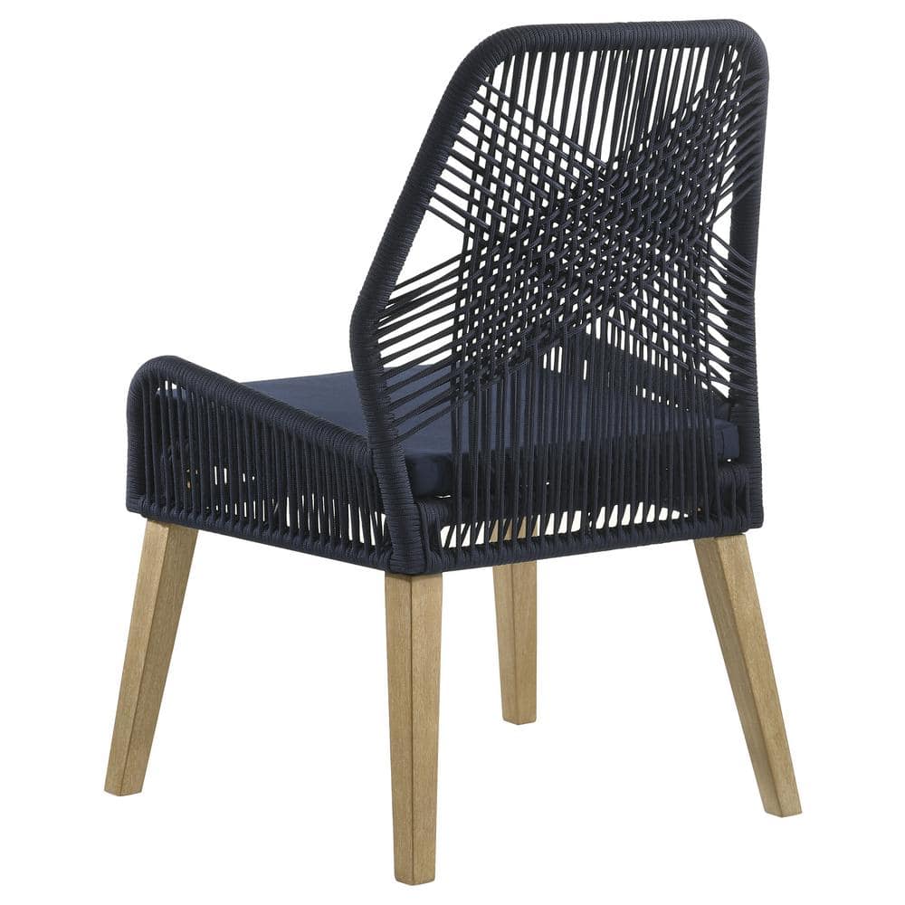 Navy Blue Woven Rope Upholstered Side Chair with Mahogany Legs