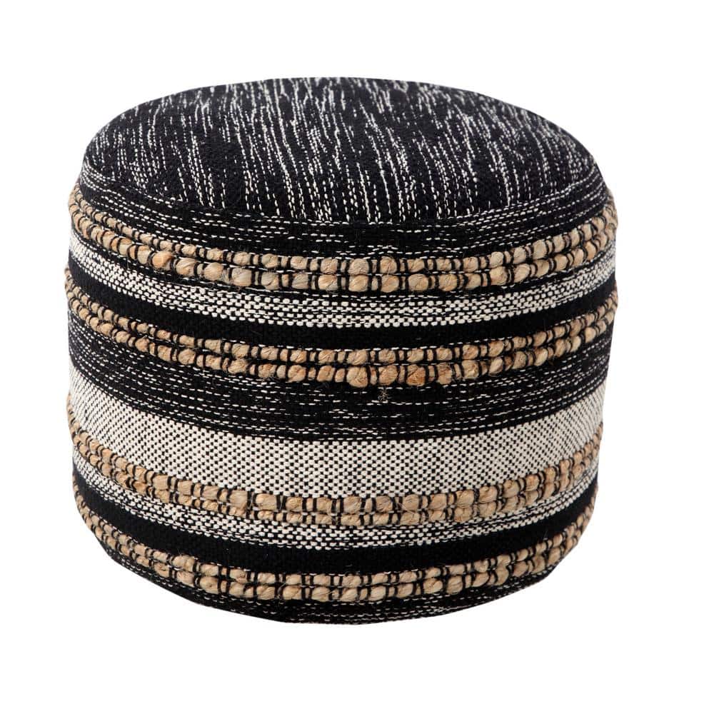 Nora Black/White Striped Hand-Woven Cotton Blend Ottoman
