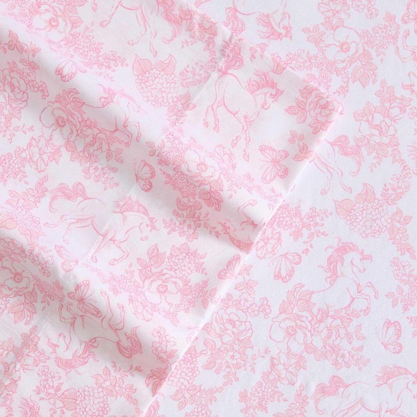 Laura Ashley Toile Unicorn 4-Piece Pink Microfiber Queen Sheet Set