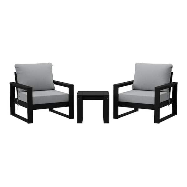 WESTIN OUTDOOR Endless Outdoor 3-Piece Black HDPE Plastic Deep Seating Patio Lounge Chair Conversation Set, Light Gray Cushions