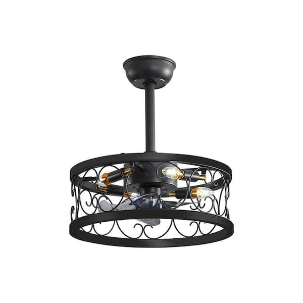 FIRHOT 18 in. Indoor/Outdoor Round Retro Matte Black Metal Frame Ceiling Fan with Light Bulb and Remote Control