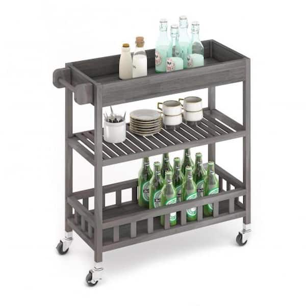 Interbuild 3 Tier Large Solid Acacia Kitchen Cart, Dusk Grey, with Tray