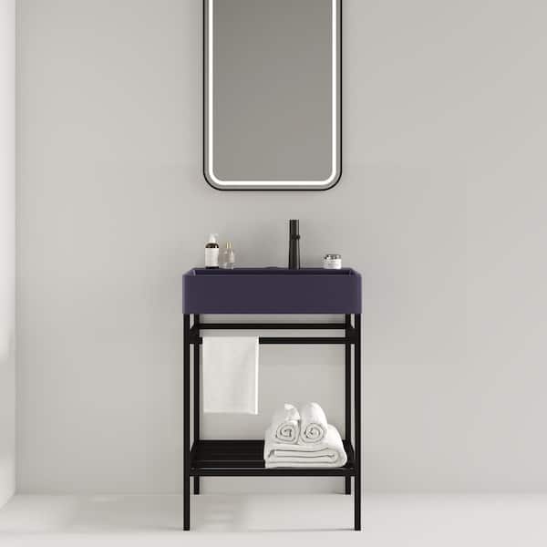 Sarlai 24 in. Purple Rectangular Freestanding Ceramic Bathroom Console Sink with Black Metal Leg